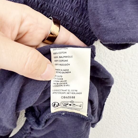 [Free People] Blue Charlotte V-Neck Smocked Open Back Top Puff Sleeves Sz Small - Picture 10 of 11